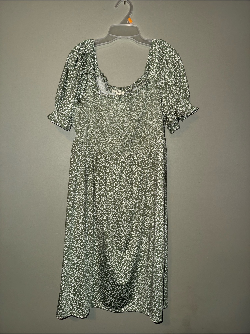Sage Green Floral Midi Dress with Smocked Bodice